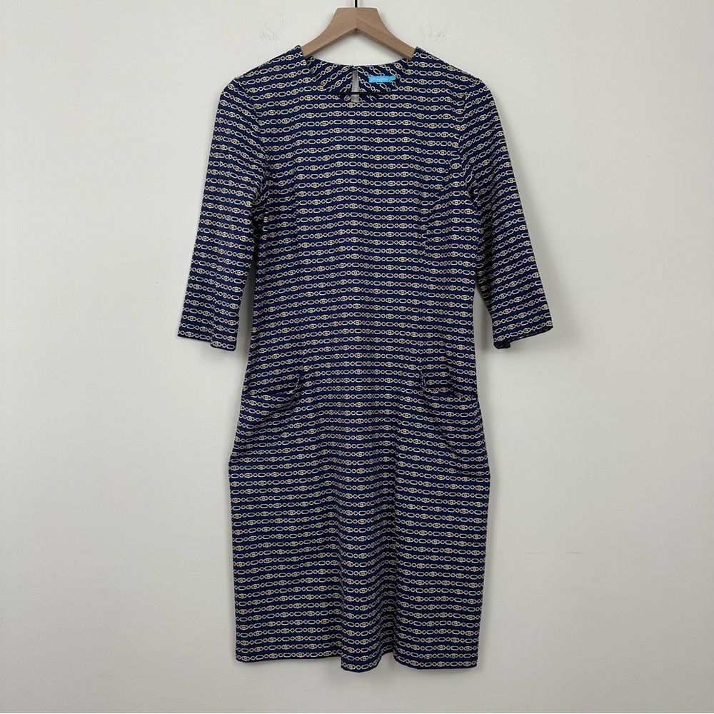 J. McLaughlin Navy Gold Chain Print 3/4 Sleeve Sheath Dress, L